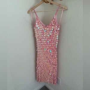 VINTAGE Y2K Tassel Sequin Fringe Beaded Cocktail Party Dress Iridescent disco